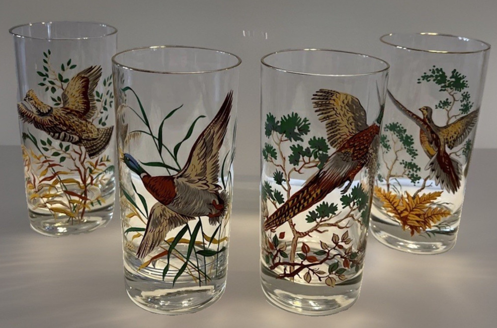West Virginia Glass Wildlife Gold Rim Tumblers Mallard Pheasant Highball Vtg